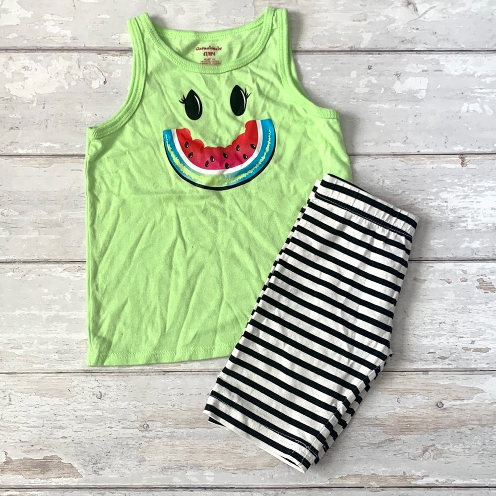 Girls 4T Summer Outfit Green Watermelon Tank Top Black White Shorts Size 4